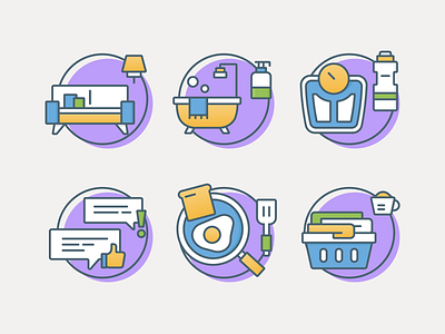 Random Icons Two bath breakfast exercise icons illustration laundry line art message sofa