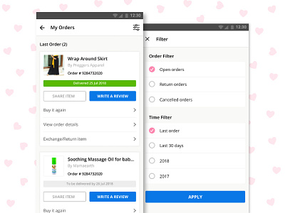 User Profile - My Orders android app baby app checkout page design ecommerce filter order order details orders parenting products review shopping app sketch app ui ux ux ui ux design wishlist