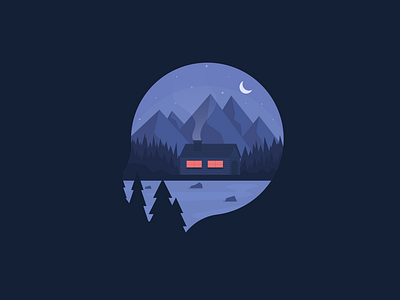 Chilled Night cottage icon illustration lake moon mountains natural nature night pine pine tree smoke spot illustration stars stone trees woods