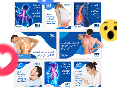 KKT Orthopedic Social Media Marketing back pain blue and white brand branding design digital media health care health center icons illustration illustrator lettering minimal neck pain orthopedic social media spine center spine health typography vector