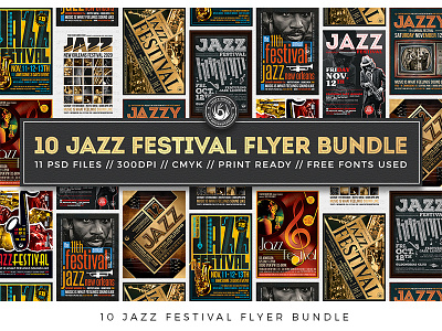 10 Jazz Festival Flyer Bundle band blues classy concert fest festival flyer gig indie jazz jazzy live musician photoshop piano poster psd saxophone template violin