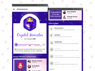 User Profile - Achievements achievements android app baby app badges colorful design design gamification icon level up parenting points system ranking tip ui unlock ux win