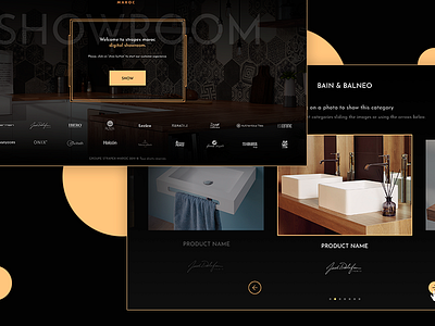 Digital showroom ambient dark elegant forniture gold interface interiorism showroom tile ui ux design