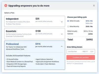 Billing Dialog billing dialog interface pricing plan product design ui elements uidesign uxdesign