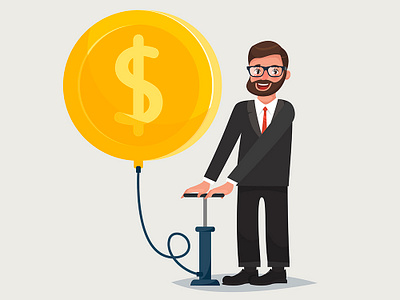 Bearded hipster businessman character with baloon coin 2d app beard businessman design hipster illustration income investment money vector