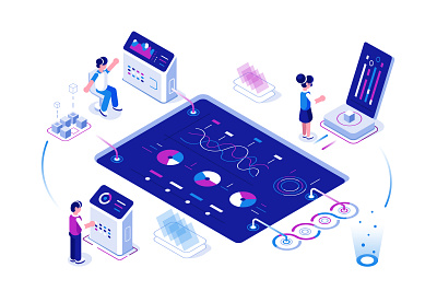 Big data network concept ai artificial intelligence big data business people character chart data data analytics data center database design flat graph illustration isometric office statistic team teamwork vector