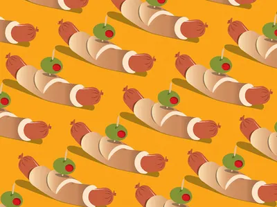 Repeating hotdog and olive pattern hotdog olive orange pattern