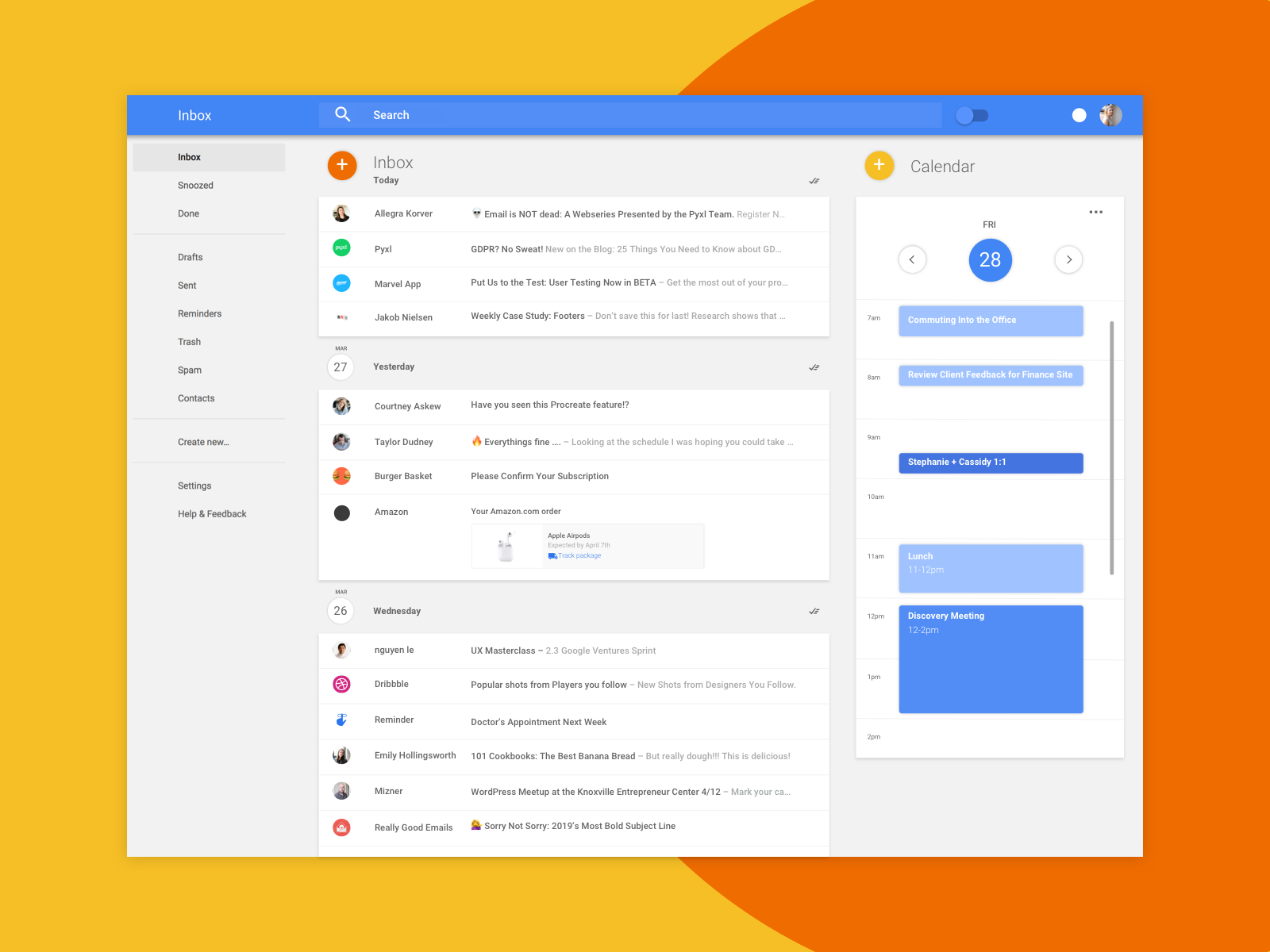 Example of Google Inbox, Meet Google Calendar