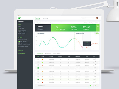 Dashboard category checkbox dashboard desktop application graph green radio buttons search table web application