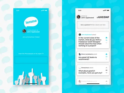 Login and Questions Feed | lemme anonymous apple tv blue cards clean code conference feed join lemme login profile questions sign up upvote