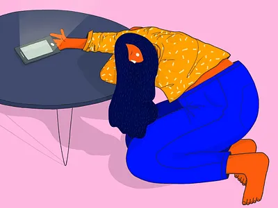 Reaching for the phone abstract character freelance girl hand drawn illustration ipad minimalist modern phone procreate reaching simple smartphone tablet technology woman