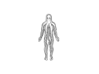 Alien Octopus Inside Human Body Drawing Black and White alien alien octopus anatomy body cephalopoda doodle drawing engraved front hand drawn handmade human human body ink line drawing mollusc octopoda octopus shading standing