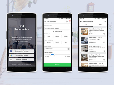 Find Roommates UI app design application creative design find roomate illustration ios iphone x listing material design minimal mockup modern property room search roommates search ui ui ux user flow