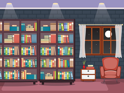 Library Room Interior Stack Of Book On Bookshelf Flat Design 04 adobe book bookshelf clean design education flat graphic illustration interior library office room vector