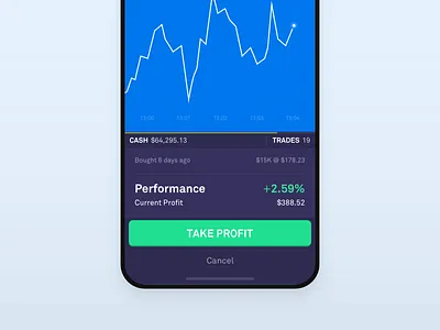 Investing Game Trade Confirmation Overlay abstract android app bitcoin blue button clean crypto flat game investing ios iphone x mobile product purple simple ui ux vector