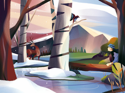 Mixing Seasons animal animal illustration arrow background background design bird camping character deer golden hour landscape landscape illustration snow spring winter