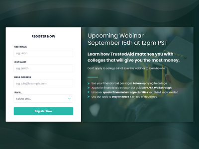 Webinar College Register Form college dark design desktop fafsa financial aid form form design graduation grants live register ui ux web design