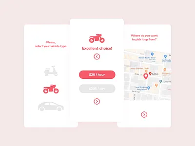 Vehicle Renting App car location map minimal motorcycle red rent ride rose gold scooter white