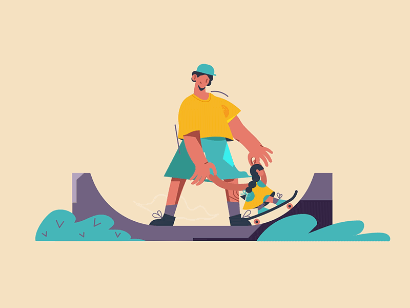 Skating lessons after effects animation character dad design father funny gif girl heart illustration moho moho12 motion rig rigging skating