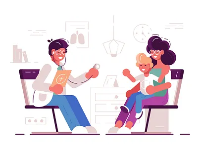 Pediatrician. Mom with the child at the family doctor. aid boy character clinic doctor female healthcare hospital illustration kid male medicine mother nurse parents patient pediatrician reception sick stethoscope