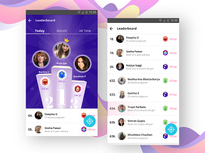 User Profile - Leaderboard achievements android app baby app badges colorful design design game gamification gradient icon leaderboard level up parenting play ranking top 10 ui ux winner