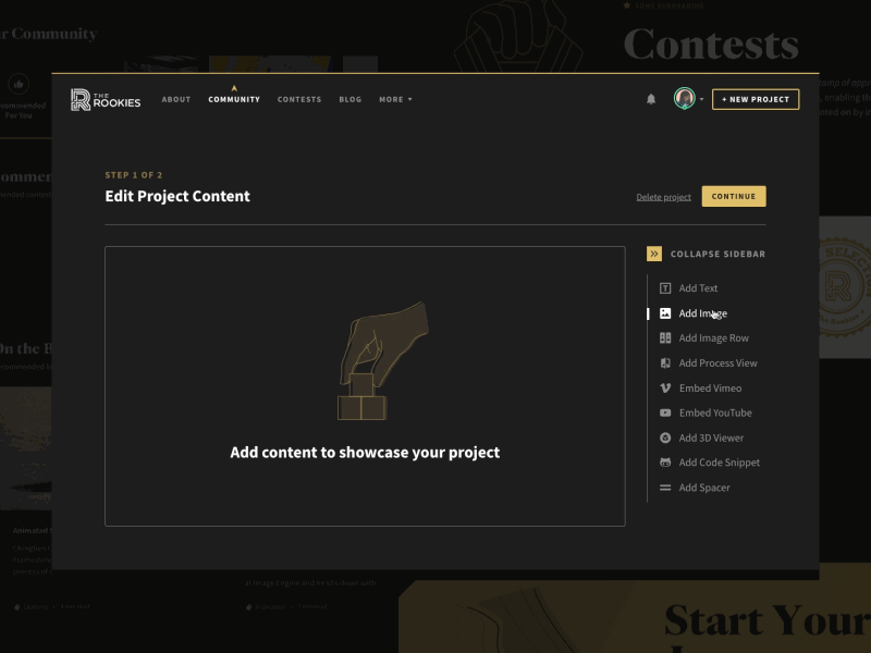 The Rookies: Project Builder builder community dark design format images interface portfolio project text ui upload web design