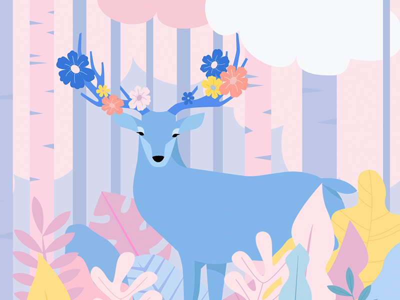 Spring Deer animal animation branches deer design flat floral flowers foliage forest gif illustration jungle leaves pastel trees vector