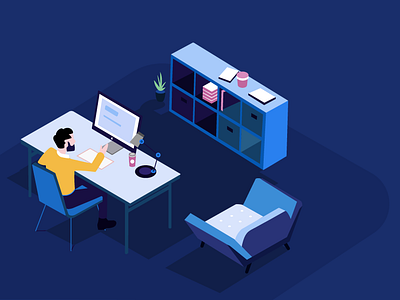 Office blue furniture illustration office startup visual design workspace