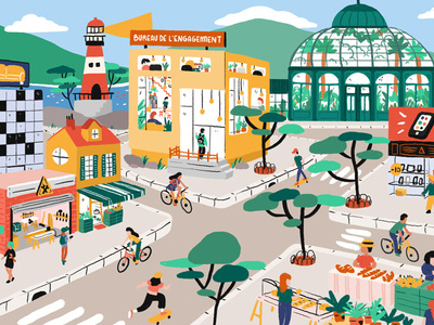 Le Quartier building characters city district greenhouse house landscape lighthouse market neighborhood people shop town