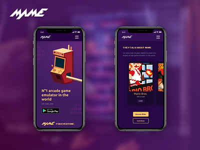 MAME - Homepage and ROM shop arcade branding design gaming logo mame mobile app design neon purple redesign retro rom ui ux ui