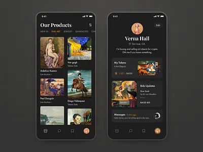 Valuable Auction: List of Products and Profile app art auction buy category crypto currency dark dark app ecomerce fine art interface interface design ios dark list of products profile sell ui user profile values widget