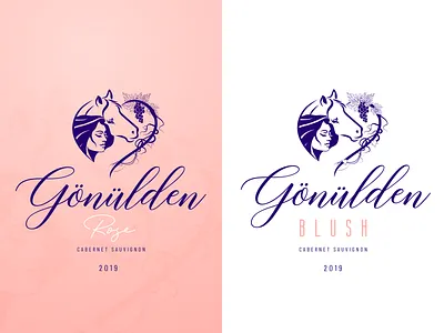 Gonulden Wine Logo brand branding design grape horse icon illustration leaf logo pink purple ticket typography vector wine women
