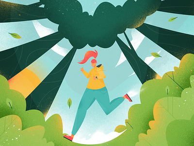 Running About bushes character drawing flat forest girl hair illustration nature outfit perspective sky sneakers sports sun texture trainers trees vector woman