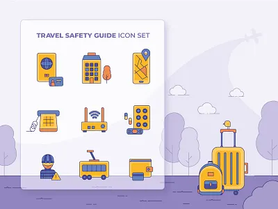 Travel Safety Icons backpack bird guide icon icons icons pack plane safety pin suitcase travel