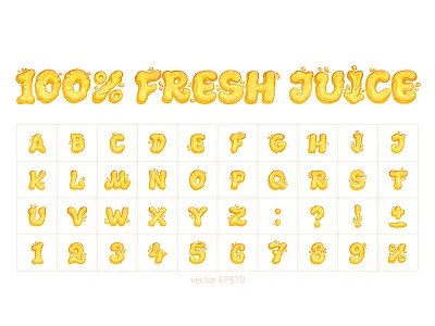 Fresh Juice. Original vector font 100 abc alphabet apple characters digits drink drop fluid font fresh juice letters liquid orange set shutterstock splash vector yellow