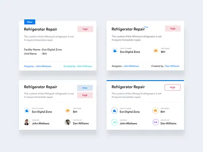 Cards layout for Work Order app blue cards cards design cards ui clean colors created by design flat layout minimal new opacity order priority redisign repair ui ux work order
