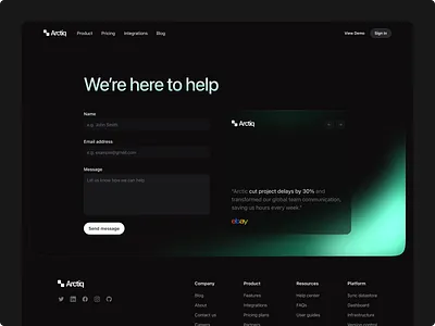 Arctiq - Contact Page contact contact page dark mode illustration interaction morva morva labs product design project project management saas saas landing page task management tasks ui user interface visual web design