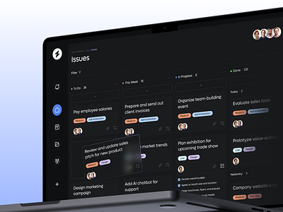 Dark Mode Kanban Dashboard – Task & Issue Management Board board collaborationtool darkmodeui dashboard issue issue tracking issues issuetracking kanban kanbanboard minimalui minimalux projectdashboard saasdesign taskmanagement tickets to do tracker webappui workflow automation