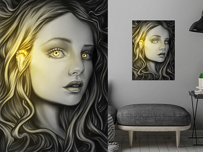 Adeline and the golden star beauty digital art fashion girl golden illustration jewelry lighting painting portrait star wacom woman