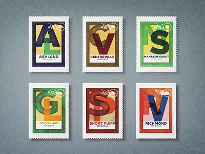 Virginia Towns Set of Stamps ashland centreville designs goochland manakin sabot richmond rva short pump stamp graphic design stamps typography virginia