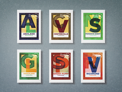 Virginia Towns Set of Stamps ashland centreville designs goochland manakin sabot richmond rva short pump stamp graphic design stamps typography virginia