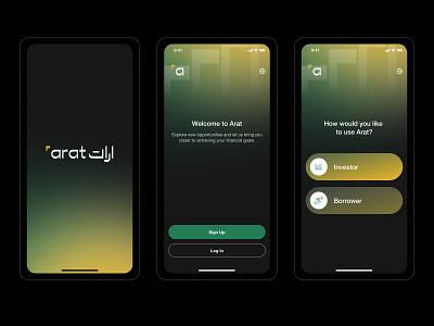 Arat. Registration app branding composition design investment log in real estate registration sign in sign up splash screen typography ui