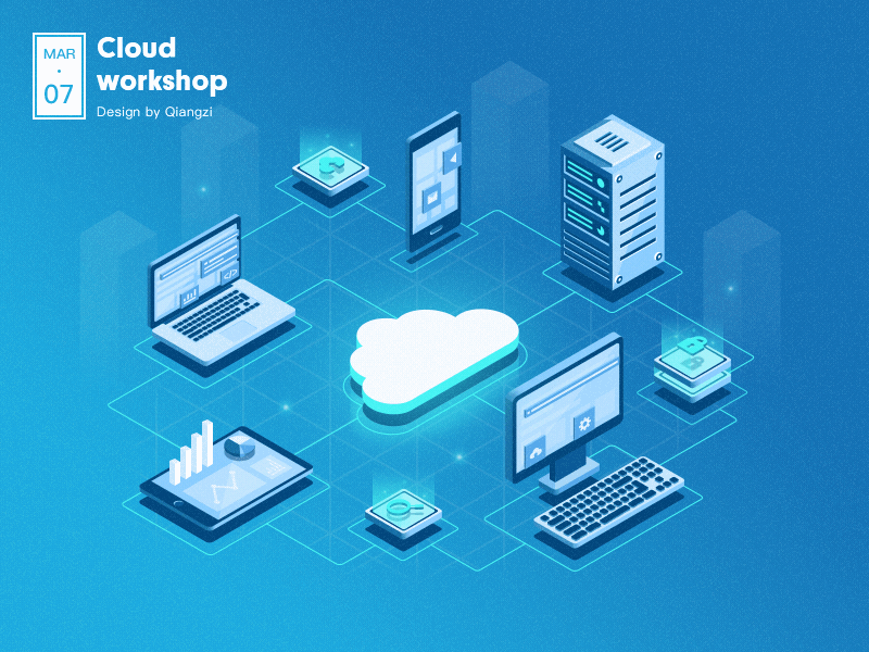 Cloud Workshop animation blue cloud computer data data transmission gif illustration isometric light phone workshop