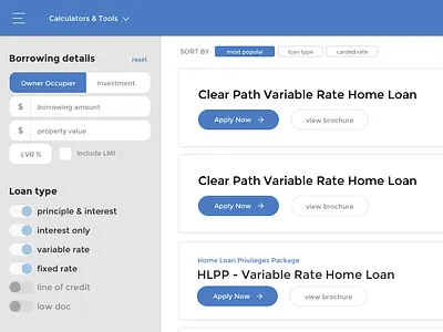 Bank of Queensland - Home loan browser dashboad filter form sketch ui