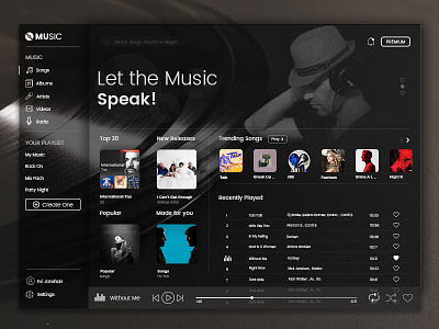 Music Player Dashboard UI black white dashboard dashboard design dashboard template design design agency designer monochrome music music album music app music website ui website design company website designer