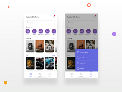 Auction App - Dashboard android android app antiques auction bidding dashboad illustraion minimal product side menu sketch ui user interface design ux