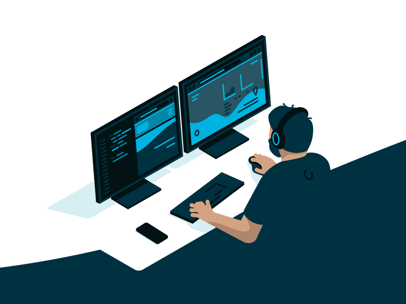 Avento marketing animation character coding desk gif isometric screen ui vector
