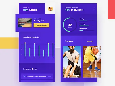 Basketball School Platform: Mobile Dashboard Design application interface communication dashboard data visualization feedback goals graph graphics management mobile mobile app design plans progress schedule sport school platform statistics stats student profile ui ux zajno