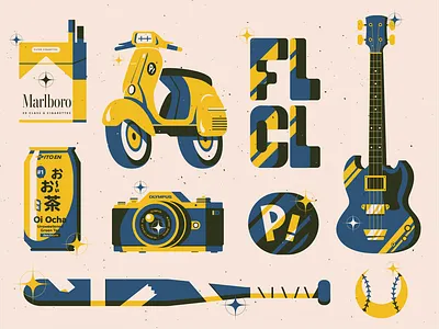 Fooly Cooly FLCL Furi Kuri baseball camera can cigarettes grain guitar illustration illustrator lettering texture vector vespa