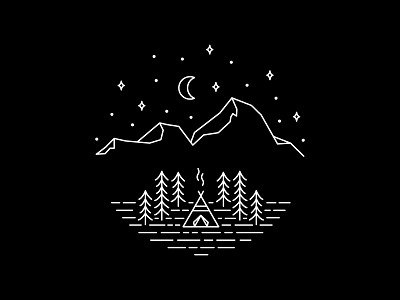 Camping black black white camping circle crescent moon forrest illustration landscape line monoline moon mountain mountains nature night outdoor stars white